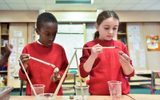 A classroom. Two young children are wering red school jumpers. They are painting clay objects.