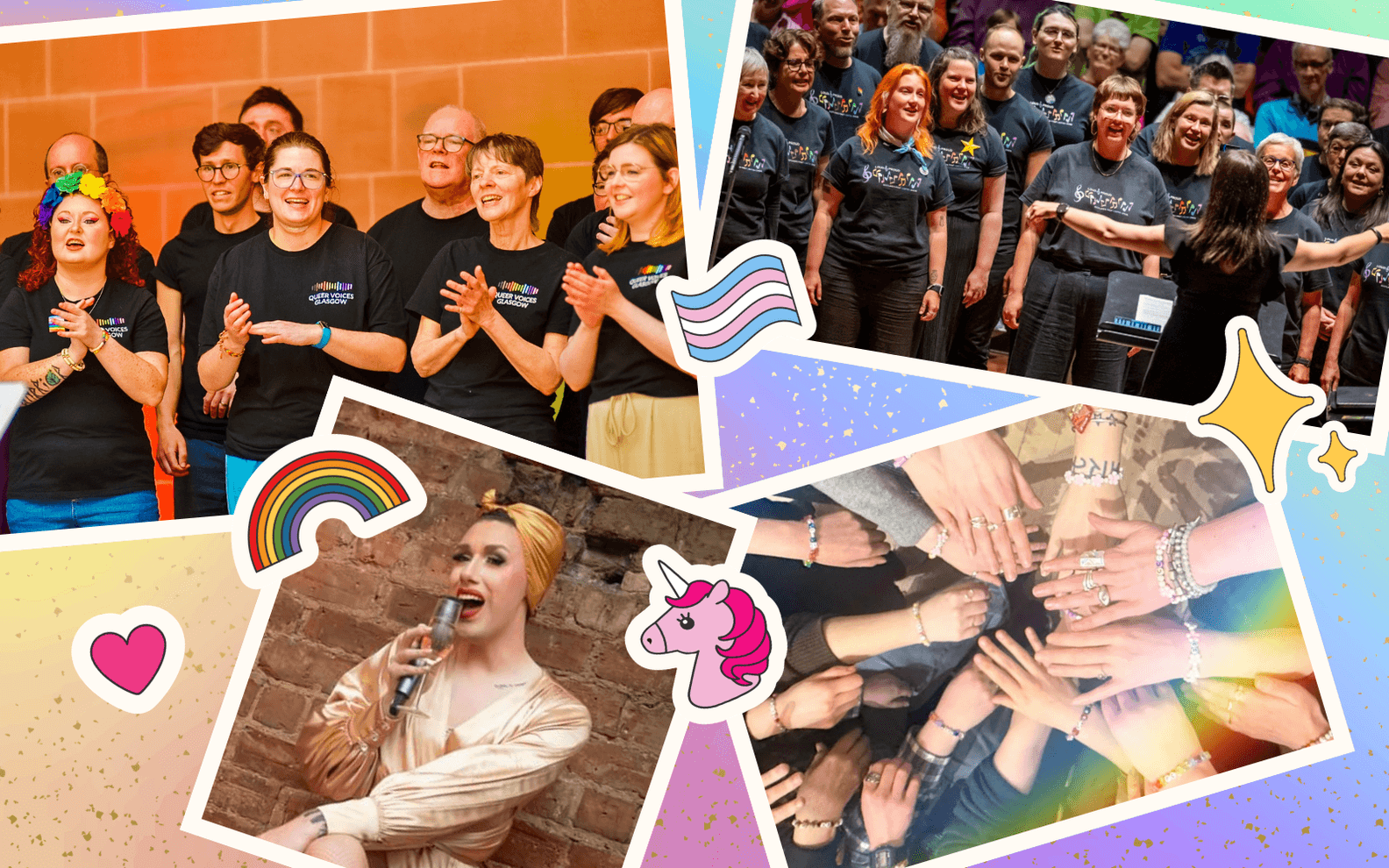 Collage of diverse performers on a rainbow background.