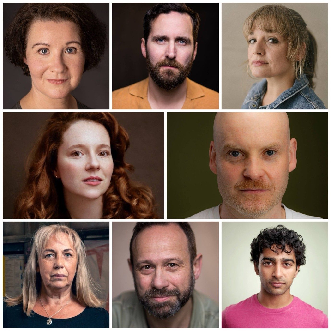 A collection of headshots of actors all looking directly at the camera